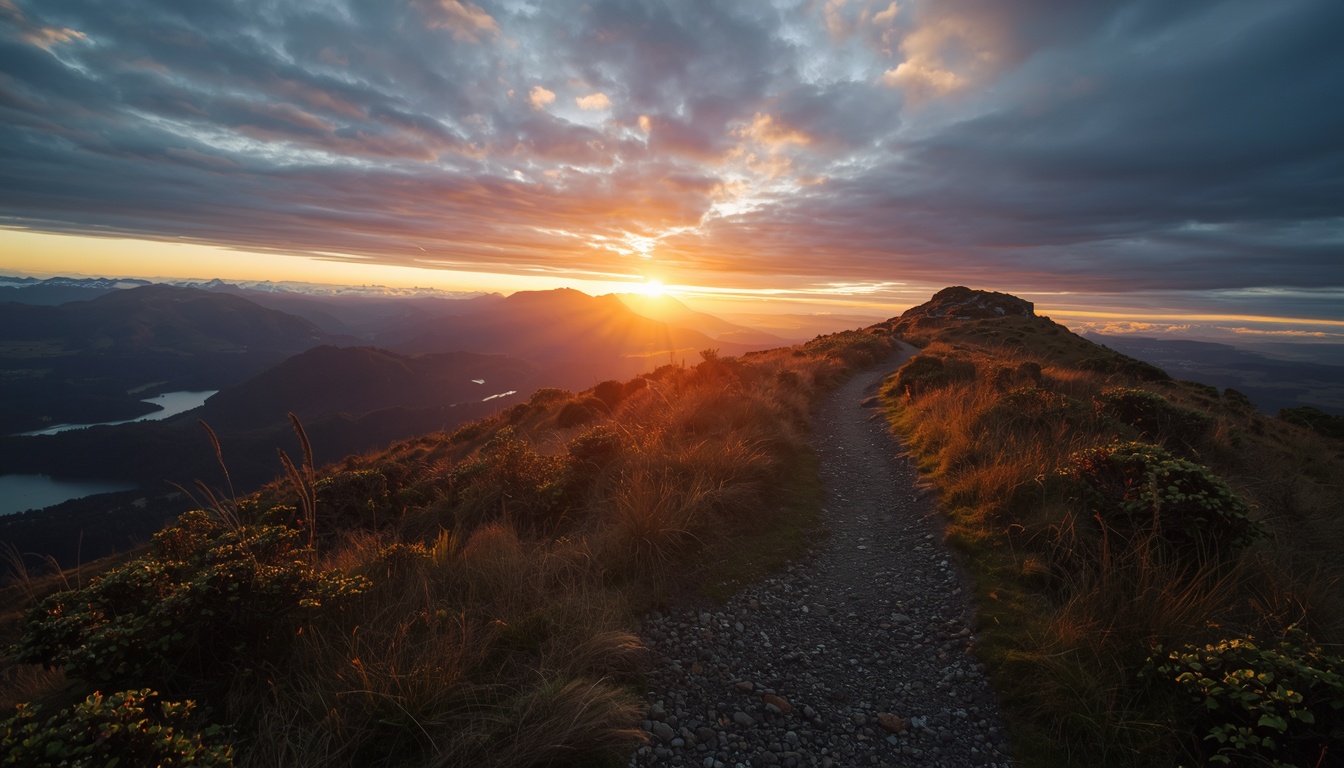 Dawn light across a ridgeline walking path in New Zealand