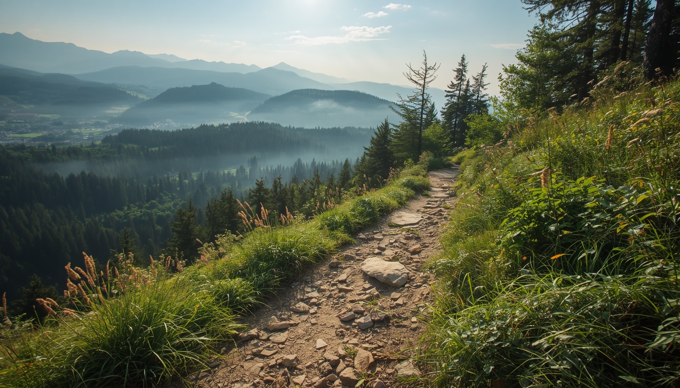 Morning path through alpine valley light suitable for walking